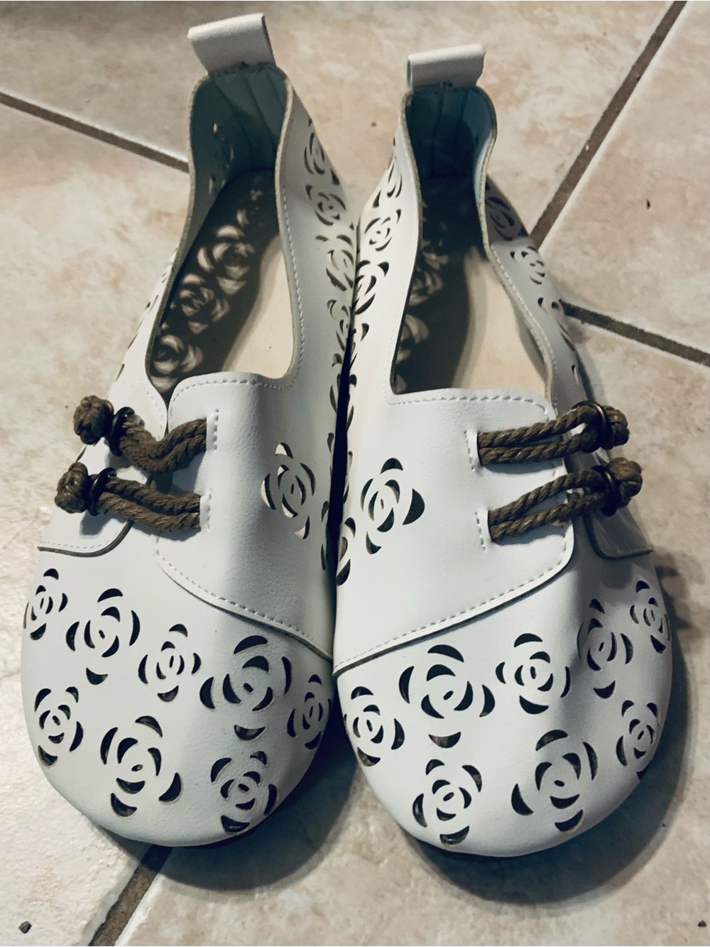 Women's White Laser-Cut Slip-On Flats with Rope Accent